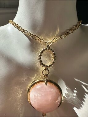 Talbots Gold-Tone Figure 8 Rose Quart Round Pendant Necklace Toggle Clasp